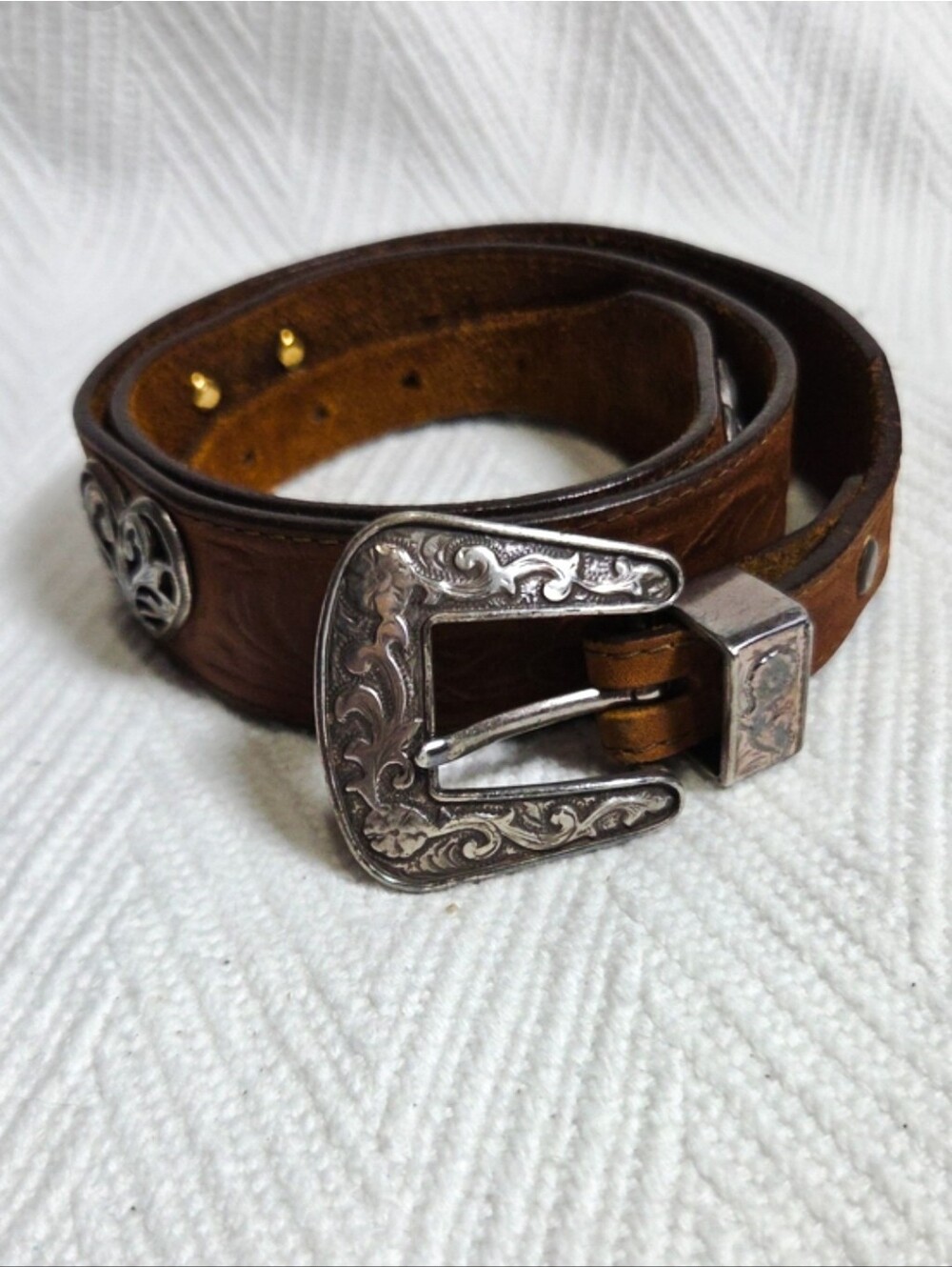 Vintage Justin Tooled Leather Belt Silver Heart Concho Tip Western Size 32